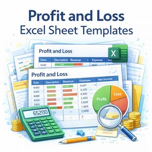 May include: An illustration of financial documents and tools. The image features a green calculator displaying "65200", a pencil, coins, and a magnifying glass over a pie chart labeled "Profit" and "Loss". The text "Profit and Loss Excel Sheet Templates" is at the top.