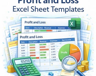 May include: An illustration of financial documents and tools. The image features a green calculator displaying "65200", a pencil, coins, and a magnifying glass over a pie chart labeled "Profit" and "Loss". The text "Profit and Loss Excel Sheet Templates" is at the top.