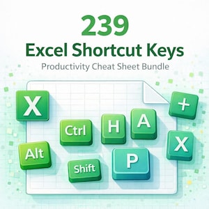 May include: An illustration of Excel shortcut keys. The image features green square keys with white letters and symbols, including "X", "Ctrl", "H", "A", "+", "Alt", "Shift", and "P". The text "239 Excel Shortcut Keys" is displayed above the keys.