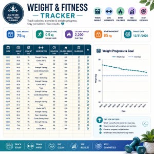 May include: A weight and fitness tracker planner sheet featuring a data table for tracking daily weight, exercise type, duration, and calories burned. It includes a line graph showing weight progress versus goal, plus sections for goals and tips.