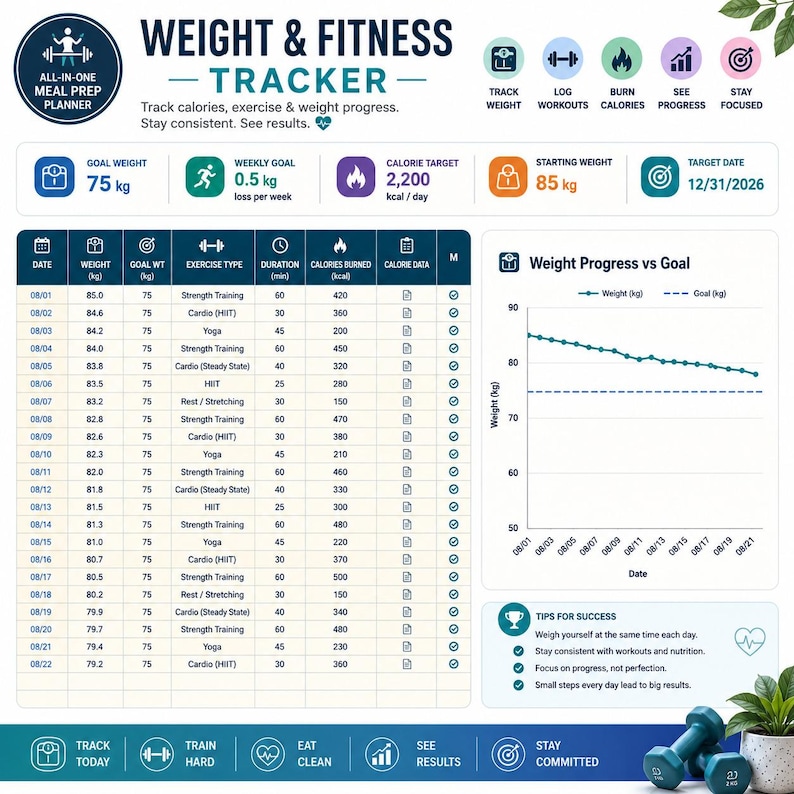 May include: A weight and fitness tracker planner sheet featuring a data table for tracking daily weight, exercise type, duration, and calories burned. It includes a line graph showing weight progress versus goal, plus sections for goals and tips.
