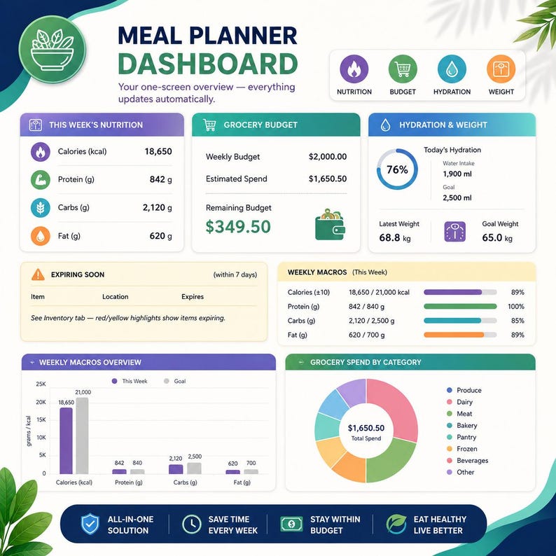 May include: A digital meal planner dashboard interface featuring sections for nutrition, grocery budget, hydration, and weight. It displays charts, progress bars, and data tables with specific metrics like calories, protein, carbs, fat, and spending totals.