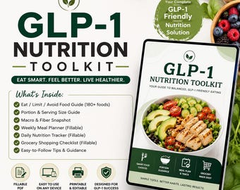 May include: A digital GLP-1 Nutrition Toolkit document featuring a food guide, portion tracker, and meal planner. The design includes dark green text on a white background with a bowl of avocado, chicken, and vegetables shown on the cover.
