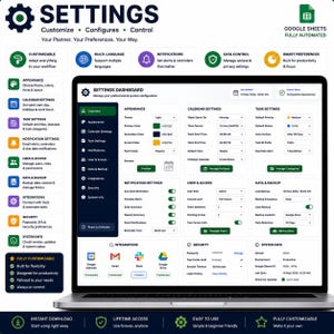 Pode incluir: Um painel de configura&ccedil;&otilde;es digitais para o Google Sheets exibido na tela de um laptop. A interface apresenta se&ccedil;&otilde;es para apar&ecirc;ncia, calend&aacute;rio, tarefas, notifica&ccedil;&otilde;es, usu&aacute;rios, dados, integra&ccedil;&otilde;es e seguran&ccedil;a com v&aacute;rios menus e interruptores.