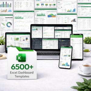 Puede incluir: Visualizaci&oacute;n digital de paneles de control de Excel en una computadora port&aacute;til, tableta y tel&eacute;fono inteligente. La imagen presenta una carpeta blanca con el logotipo de Excel y el texto "6500+ Excel Dashboard Templates". Se muestran varios gr&aacute;ficos.
