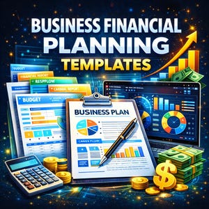 May include: An illustration promoting business financial planning templates. The image features a clipboard with a "Business Plan" document, a laptop displaying charts, stacks of money, a calculator, and gold coins. The text "BUSINESS FINANCIAL PLANNING TEMPLATES" is prominently displayed.