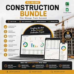 May include: An all-in-one construction bundle digital template set displayed on a laptop, tablet, and smartphone. The screens show project management dashboards, cost trackers, and task lists with charts and data tables for construction planning.