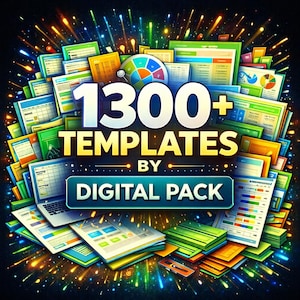 May include: A vibrant digital graphic showcasing a collection of templates. The image features the text "1300+ TEMPLATES BY DIGITAL PACK" in large, bold letters. Various documents and charts in green, blue, and yellow are arranged around the text, with a dark background.