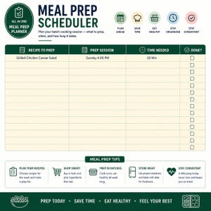 May include: A meal prep scheduler planner sheet with a dark green header and cream-colored grid. It features columns for recipe, prep session, time needed, and a checkbox for completion. Includes sections for meal prep tips and motivational text.