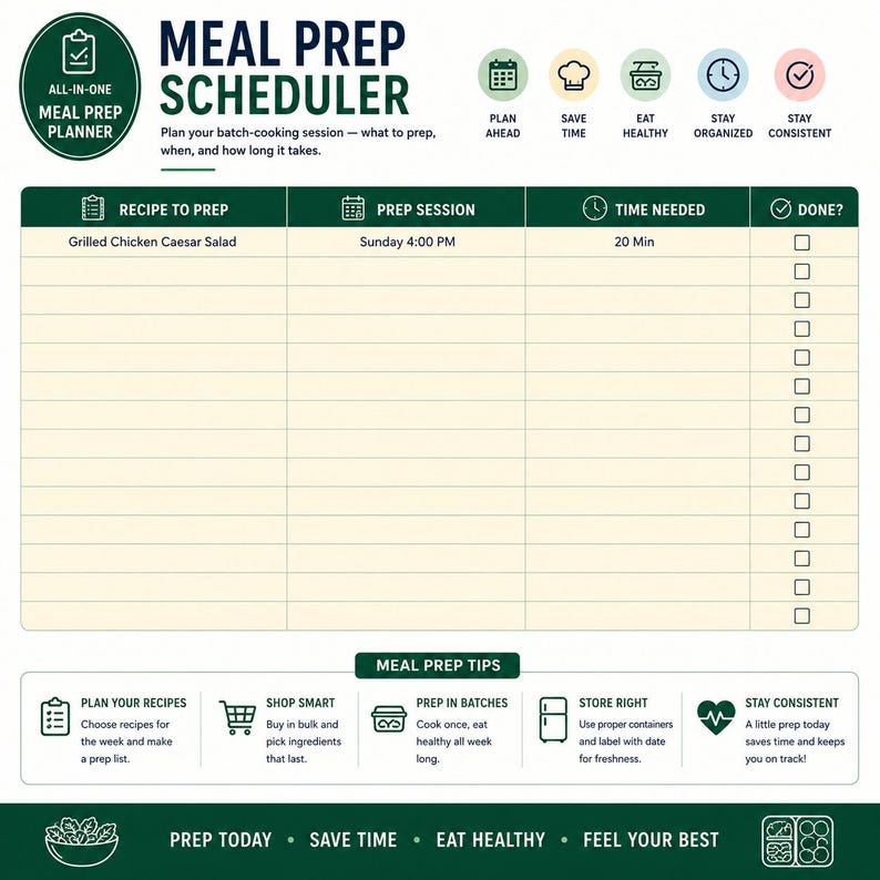 May include: A meal prep scheduler planner sheet with a dark green header and cream-colored grid. It features columns for recipe, prep session, time needed, and a checkbox for completion. Includes sections for meal prep tips and motivational text.