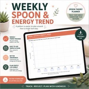 May include: A digital Weekly Spoon & Energy Trend planner displayed on a tablet screen. The interface features a grid for plotting daily energy levels, with labels for days of the week and a scale for spoons available. Text includes 'Track your energy understand your patterns' and 'A pattern is easier to plan around than a single hard day.'