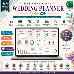 Plantilla de Excel para planificación de bodas: hoja de cálculo, seguimiento del presupuesto, confirmación de asistencia de la lista de invitados, seguimiento de proveedores, cronograma y plano de asientos.