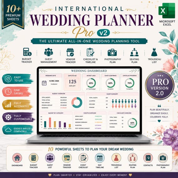 Wedding Planner Spreadsheet, Wedding Budget Tracker, Guest List RSVP, Vendor Tracker, Timeline, Seating Plan Excel Template