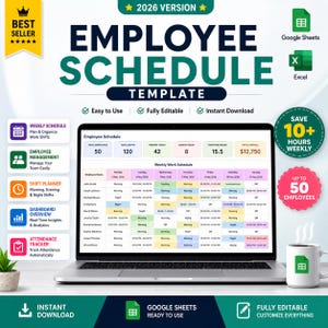 May include: A laptop displays an employee schedule template with the text "EMPLOYEE SCHEDULE TEMPLATE". The screen shows a weekly work schedule with employee names and shift times. A mug with a Google Sheets icon sits to the right.