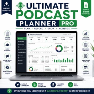May include: A digital podcast planner template displayed on a laptop screen, featuring a dashboard with charts, episode trackers, and analytics. The text reads Ultimate Podcast Planner Pro, Plan, Record, Grow, Monetize, and includes icons for various management tools.