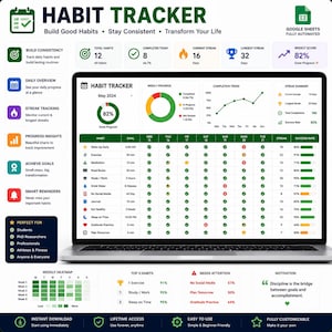 Pode incluir: Um rastreador de h&aacute;bitos digital exibido na tela de um laptop, com uma interface do Google Sheets que inclui um gr&aacute;fico de progresso semanal, tend&ecirc;ncias de conclus&atilde;o e uma tabela detalhada de h&aacute;bitos di&aacute;rios, m&eacute;tricas de sequ&ecirc;ncias e taxas de sucesso.