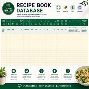 May include: A digital recipe book meal prep planner database template featuring a table with columns for recipe name, cuisine, meal type, servings, prep time, dietary tags, difficulty, calories, protein, carbs, fat, fiber, sugar, sodium, cost, and rating.