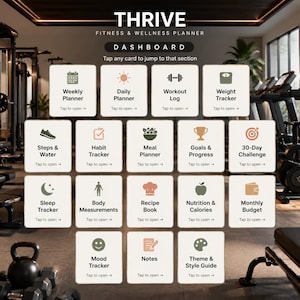 May include: A digital Thrive Fitness & Wellness Planner dashboard featuring a grid of sixteen interactive cards with icons and labels including Weekly Planner, Daily Planner, Workout Log, Weight Tracker, Steps & Water, Habit Tracker, Meal Planner, Goals & Progress, 30-Day Challenge, Sleep Tracker, Body Measurements, Recipe Book, Nutrition & Calories, Monthly Budget, Mood Tracker, Notes, and Theme & Style Guide.