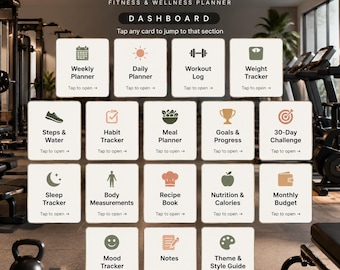May include: A digital Thrive Fitness & Wellness Planner dashboard featuring a grid of sixteen interactive cards with icons and labels including Weekly Planner, Daily Planner, Workout Log, Weight Tracker, Steps & Water, Habit Tracker, Meal Planner, Goals & Progress, 30-Day Challenge, Sleep Tracker, Body Measurements, Recipe Book, Nutrition & Calories, Monthly Budget, Mood Tracker, Notes, and Theme & Style Guide.