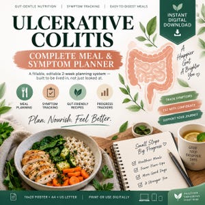 May include: A digital meal and symptom planner for ulcerative colitis featuring the text "Ulcerative Colitis Complete Meal & Symptom Planner" and "Plan. Nourish. Feel Better." It includes a bowl of chicken, rice, and vegetables, a notebook with a checklist, and a mug with the text "Good Food Brighter Days."