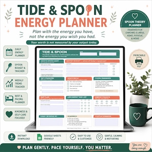 Puede incluir: Un planificador de energía digital Tide & Spoon en la pantalla de una computadora portátil, con secciones para seguimiento diario de energía, conteo de cucharas, listas de tareas y recordatorios de ritmo. Diseño en verde y melocotón.