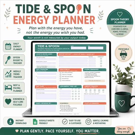 Spoon Theory Planner | Chronic Illness Energy Planner, Fatigue Tracker, Low Energy Daily Planner, Spoonie Printable, ADHD PDF Download