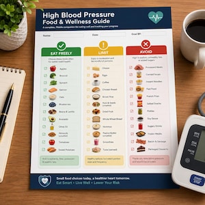 May include: A High Blood Pressure Food & Wellness Guide chart featuring three color-coded columns: green for foods to eat freely, yellow for foods to limit, and red for foods to avoid. The document includes checkboxes, food icons, and text labels.