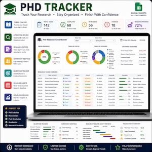 Pode incluir: Um painel digital de acompanhamento de doutorado exibido na tela de um laptop, apresentando gr&aacute;ficos de progresso de pesquisa, status de tarefas, categorias, prazos, reuni&otilde;es de supervis&atilde;o e uma linha do tempo de pesquisa.