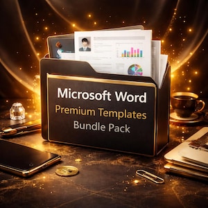 May include: A black file folder with gold trim, filled with documents, is the focal point. The folder displays the text "Microsoft Word Premium Templates Bundle Pack." A cup of coffee, a pen, and a smartphone are also visible.