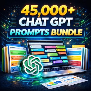 Puede incluir: Gráfico digital que promociona un "Paquete de 45.000+ Prompts de Chat GPT". La imagen presenta una computadora portátil que muestra indicaciones de chat coloridas, pilas de documentos y el logotipo de Chat GPT. El fondo tiene un diseño digital futurista con detalles en azul y dorado.
