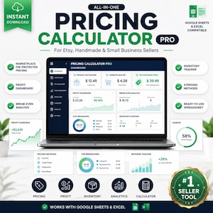 Op de afbeelding: Een digitaal dashboard voor een prijscalculator op een laptopscherm, met secties voor productkosten, marktplaatskosten, winstmarges, break-even-analyse en voorraadbeheer, compatibel met Google Sheets en Excel.