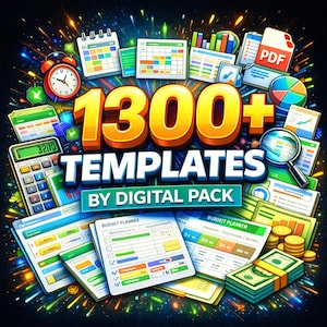 May include: A vibrant graphic showcasing a collection of digital templates. The image prominently displays the text "1300+ TEMPLATES BY DIGITAL PACK" in bold, gold letters. Various icons of calendars, calculators, and financial documents are scattered around the central text, with a colorful, celebratory background.