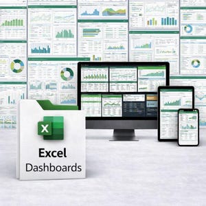 Może przedstawiać: Prezentacja pulpitów nawigacyjnych programu Excel na różnych urządzeniach, w tym monitorze komputera stacjonarnego, tablecie i smartfonie. Pulpity nawigacyjne zawierają zielone i białe wykresy i grafiki. Biały folder z logo Excel i tekstem "Excel Dashboards" znajduje się na pierwszym planie.