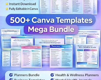 Pacote Mega com mais de 500 modelos do Canva, incluindo modelos de planejamento, planejamento de negócios, modelos para redes sociais, planejamento de orçamento e planejamento digital.