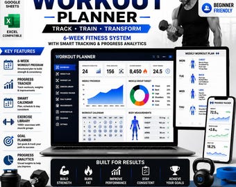 Planilha de Planejamento de Treinos do Google Sheets, Planilha de Acompanhamento de Treinos, Planejador de Fitness, Modelo de Rastreamento de Exercícios, Planejador de Treinos de Academia