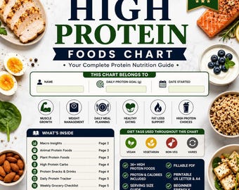 May include: A 2026 edition High Protein Foods Chart featuring a nutrition guide with sections for name, daily protein goal, and date started. It includes icons for muscle growth, weight management, and meal planning, plus a list of contents and diet tags.