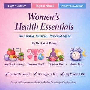 May include: A digital ebook cover titled "Women's Health Essentials" with the subtitle "AI-Assisted, Physician-Reviewed Guide" by Dr. Bakht Rawan. The cover includes illustrations about nutrition, hormonal health, self-care, and sleep.