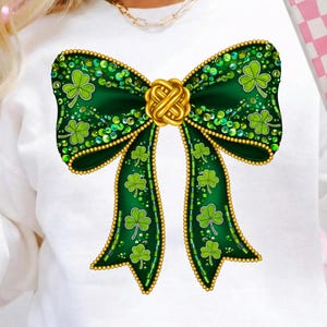 St Patricks Day Coquette Bow PNG Faux Sequin Shamrock Green Ribbon 3D Beaded Celtic Knot Sublimation For DTF Women Apparel