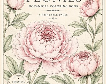 Vintage Peony Coloring Pages Printable PDF, Botanical Coloring Pages for Adults, Peonies Coloring Book, Instant Download, Floral Line Art