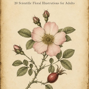 Peut inclure: Couverture d'un livre de coloriage botanique vintage. Elle présente une illustration détaillée d'une rose rose avec des feuilles et des bourgeons verts. Le titre et le sous-titre du livre, "20 Illustrations florales scientifiques pour adultes", sont affichés dans des polices élégantes.