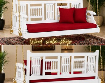 Sofá de balanço de madeira branca, balanço reversível, cama suspensa para interiores, banco com almofada vermelha, assento de balanço esculpido indiano