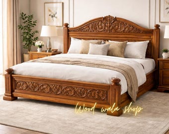 Estructura de cama king size de madera tallada a mano, muebles de dormitorio de madera maciza, cama con tallado floral, estructura de cama de estilo antiguo indio.