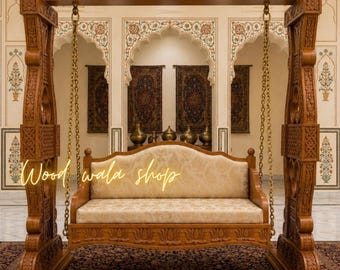 Hand Carved Wooden Swing Sofa, Traditional Indian Jhula, Solid Wood Hanging Bench with Cushion, Luxury Indoor Porch Swing
