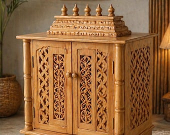 Hand Carved Wooden Temple Cabinet, Light Brown Mandir Stand, Indian Pooja Altar with Open Doors
