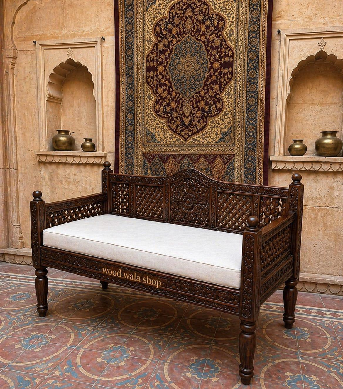 Hand Carved Wooden Bench, Indian Carved Daybed, Solid Wood Sofa Bench ...