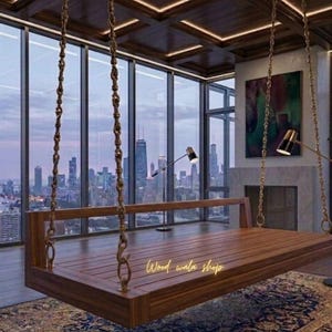 Handcrafted Wooden Swing Bed Hanging Jhula Solid Wood Daybed Indoor Luxury Hanging Sofa with Brass Chains