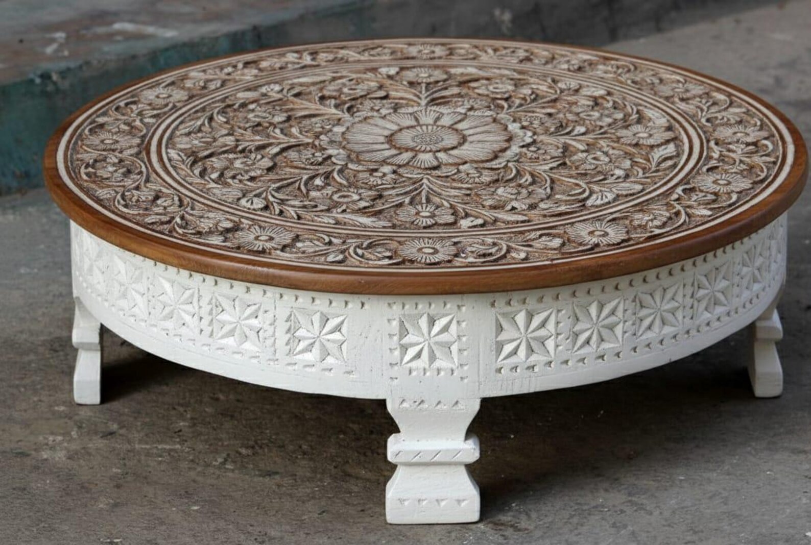 Vintage Wooden Chakki Table 60x60x25cm - Handcarved Indian Grinder ...