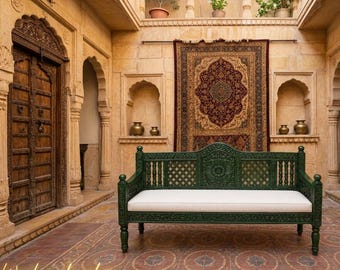 Groene handgesneden houten bank, Indiase stijl sofa, massief houten chaise longue, vintage Jodhpur meubels