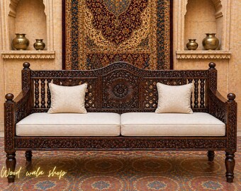 Banco de madeira entalhada à mão, divã indiano entalhado, banco sofá de madeira maciça, móveis vintage estilo Jodhpur