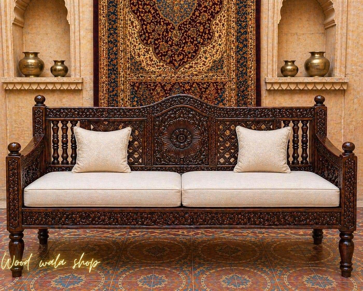 Hand Carved Wooden Bench, Indian Carved Daybed, Solid Wood Sofa Bench ...